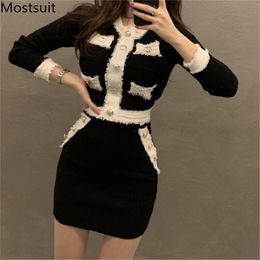 Korean Vintage Knitted Two Piece Skirt Sets Women Spring Single-breasted Tops + Mini Pencil Suits Elegant Ladies 210513