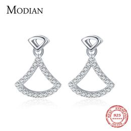 925 Sterling Silver Simple Geometric Sector Stud Earrings for Women Clear CZ Fine Elegant Wedding Jewellery 210707