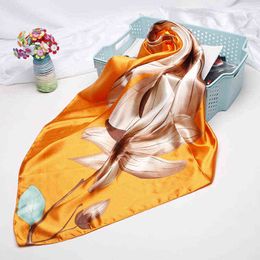 90*90cm Women Scarves and Wraps Square Shawls Floral Print Hijab Scarf For Ladies Bandana Head Bag Scarfs Female Orange Kerchief Y1108