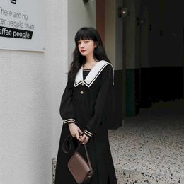 Sailor collar black dress female spring autumn Korean loose waist slimming Japan college style long skirt Elegant classic 210526