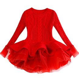 Red Tutu Girls Dress Long sleeve Knit Girls dresses Winter 2019 Autumn Tulle Casual Kids Dresses for girls Christmas Dress Party Q0716