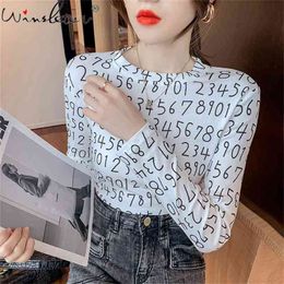 Spring Fall Korean Style T-Shirt Girl Fashion Sexy O-Neck Print Letter Women Tops Bottoming Shirt Cotton Tees T11005A 210421