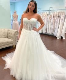Strapless A Line Lace Plus Size Wedding Dresses Sweetheart Court Train Appliqued Tulle Bridal Gowns Vestidos De Noiva