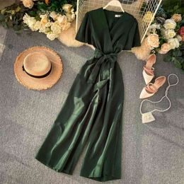 Women's Summer Jumpsuit V-neck Tie Waist Slimming Simple Solid Color High Drape Wide Leg Trousers LL023 210507