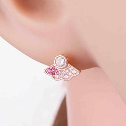 Women Girl S925 Rose Color DIY berloque Jewelry Gift 925 Sterling Silver Chinese Fan Stud Earrings