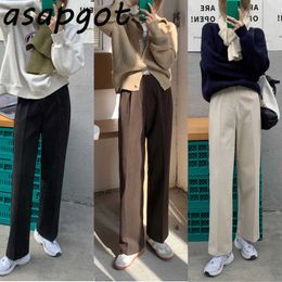 Pants & Capris Solid Casual Plus Size High Waist White Woollen Wide Leg Pant Autumn Wild Loose Black Straight Pantalones Mujer 210610