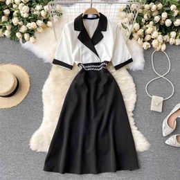 Women's Wear Fashion Beaded, Hit Color Notched High Waist Thin Short Sleeve A-line Dress Vintage Vestidos S634 210527