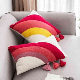 Tassels Cushion Cover Cute Rainbow Embroidery Pillow Case Cover 45x45cm/30x50cm Stylish Home Decoration Kids Room 210401