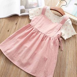 Girls' Clothes Set Summer Heart Printed Short Sleeve Tops +Suspender skirt sweet Girls 2PCS 210515