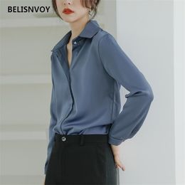 Spring Fall Women Fashion Blouses Blue White Female Clothes Satin Basic Shirt Long Sleeve Blouse Simple OL Feminine Blusa 210520