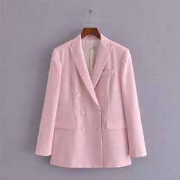 Pink Za Blazer Women Long Sleeve Double Breasted Button Vintage Blazers Coat Feminine Chic False Welt Pocket Outerwear Top 211122