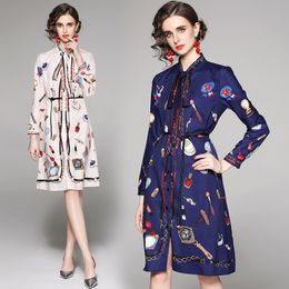 Womens Shirt Dress Long Sleeve 2021 Autumn New Printe Dress Boutique Bowknot Dresses High-end Trendy Lady Midi Dresses