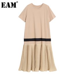 [EAM] Women Khaki Ruffle Pleated Spliced Dress Round Neck Short Sleeve Loose Fit Fashion Spring Summer 1DD8182 210512