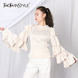 Elegant Solid Casual Blouse For Women O Neck Long Sleeve Patchwork Ruffle Black Shirt Female Fashion Clothes 210524