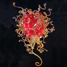 Red Balls and Gold Glass Twists Pendant Lamps Murano LED Chandelier Art Decor Hand Blown Glass Light 24 by 32 Inches