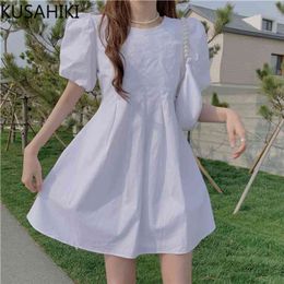 Sweet Puff Sleeve Dresses Women Korean Causal O-neck Folds High Waist A-line Vestidos Femme Summer Dress 6H572 210603