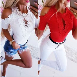 Lace Patchwork Off Shoulder Top Women Hollow Out White Office Ladies Shirts Femme Short Sleeve Elegant Clotnes Slim Pullovers 210507