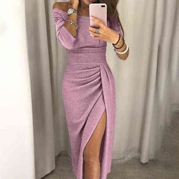 Strapless Bodycon Dress Pleated Women Long Sleeve High Slit Dress Tight Waist Sukienka Shiny Dress Off Shoulder Glitter Clothes Y1006