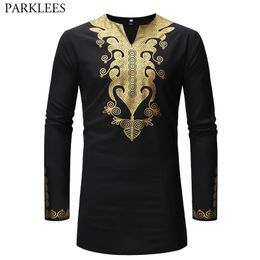 Gold Floral Print Dashiki Longline T Shirt Men Brand Slim Fit Long Sleeve T-shirt Male Hip Hop Hipster African Top Tees 210522