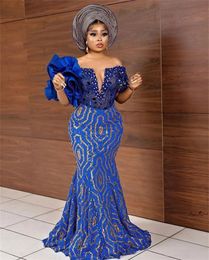 Aso Ebi Evening Dresses Mermaid Formal Dress Women Elegant Royal Blue Party Gown Beaded Dinner Gowns vestidos de noche