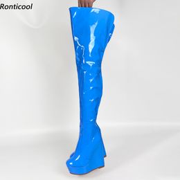 Rontic Women Winter Platform Glossy Thigh Boots Side Zipper Wedges Heels Round Toe Sky Blue Grey Party Shoes Us Size 5-20