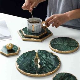 Luxury Non-slip Emerald Real Marble coaster mug place mat Green Stone with Gold Inlay Heat Resistant Trivet Table Decoration 210706