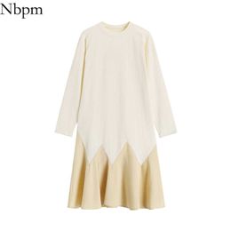 Nbpm Women Sweet Fashion With Draped Detail Midi Dress Vintage Elegant Long Sleeve Vestidos Mujer Spring Summer High Waist 210529