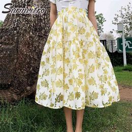 Spring Summer Long Tulle Skirt Women Korean Style Floral Tutu High Waist Aesthetic Midi Pleated Female 210421