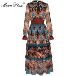 Fashion Designer dress Spring Women's Dress Long sleeve Beaded Elastic waist Vintage Print Dresses 210524