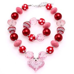 Baby Girls Jewellery Heart Pendant Necklaces Red+Pink Chunky Bubblegum Beaded Necklace Bracelet For Valentine's Day