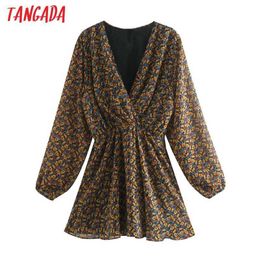 Tangada fashion women yellow floral print chiffon dress arrival Long Sleeve Ladies tunic Dress 5Z04 210609