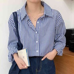 Female Stripe Print Blusas Femininas Elegante Women Blouse V-neck Long Sleeve Top Casual Loose Shirts 900E 210420