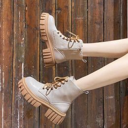 Women's Ankle Boots Lace Up Pu Leather Platform Ladies Shoes 2021 Autumn Winter Fashion Designer Rubber Female Short Boots Y1018