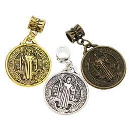 Alloy Benedict Medal Cross Big Hole Beads 35x22mm Antique Silver Fit European Charm Bracelets B1643 60pcs/lot