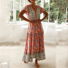 Foridol Floral Print Boho Summer Long Dress Casual Button V Neck Beach Maxi Dress Women Cotton Vintage White Holiday Dress 210415