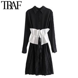 TRAF Women Chic Fashion With Sashes Pleated Midi Shirt Dress Vintage Long Sleeve Side Vents Female Dresses Vestidos 210415