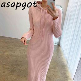 Dress Sweet Chic Korean Slim Full Pink Hooded Knitted Women Casual Wild Pullovers Sweater Long Vestido Feminino Solid Girl 210429