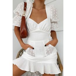 Summer Women Mini Sleeve White Lace Embroidery Sexy Backless Bodycon Short Dress Holiday Clothes 210415