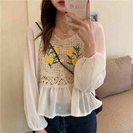White Chiffon Hollow Out All Match Floral Prom OL Gentle V-Neck Basic Elegant Tops Women Shirt Sweet Blusas 210525