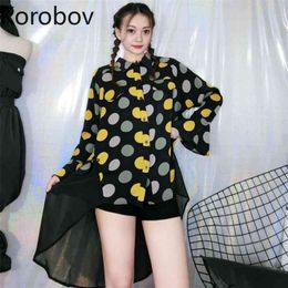 Korobov New Summer Chiffon Blouses Vintage Polka Dot Long Sleeve Shirts Korean Irregular Oversize Streetwear Blusas Mujer 210430