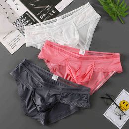 3PC Men's Underwear Briefs Ice Silk U Pouch Men Underwear Sexy Lingerie Low-Rise Men's Summer Panties 2021 Man Sea Briefs Satin H1214