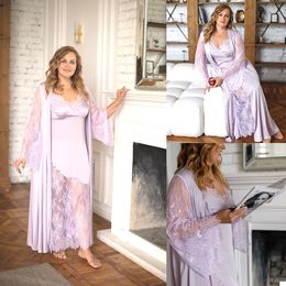 Plus Size Evening Dress Sleepwear See Through Lace Long Bridal Sleepwear Maternity Nightgowns Sweep Train Sexy Robes