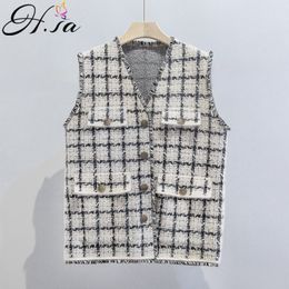 H.SA women sweater vest Fashion Plaid Chic Capes Winter Sweaters Tassel Sequin Knit Loose Out Tops woman clothes 210417