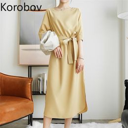Korobov Korean Solid Women Chiffon Dress Vintage O Neck Short Sleeve Summer Dresses High Waist Lacing Vintage Vestidos Femme 210430