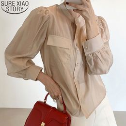 Puff Sleeve Stand Collar Button Up Shirt Women Autumn Fashion Korean Casual Vintage Blouse Pockets Solid ShirtsTops 12365 210417
