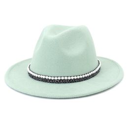 Wool Felt Wide Brim Fedora Hats with Pearl Band Women Pearl Top Hat Formal Fashion Autumn Winter Panama Style Trilby Felt Cap