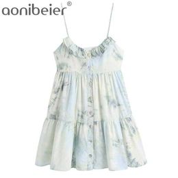 Women Cami Dress Tie Dye Spaghetti Strap Teried Mini es Casual Button Up Elegant Ruffle Trim Loose 210604