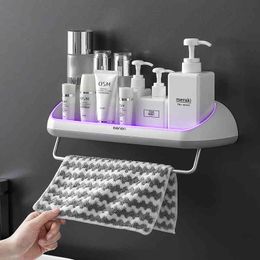 Punch-free Bathroom Storage Rack Shampoo Cosmetic Shower Shelf Wall Mounted Kitchen Towel Holder Shelf Bathroom Acccessories 210331