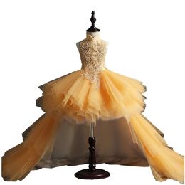 Glizt Long Trailing Gold Lace First Communion Dress Beads Tulle Ball Gown Girls Pageant Gown Flower Girl Dress for Weddings 210331
