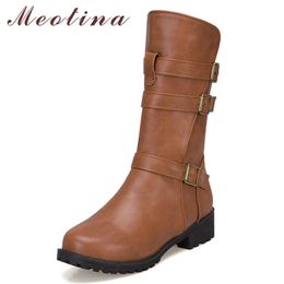 Meotina Winter Mid Calf Boots Women Boots Buckle Thick Heel Boots PU Leather Zipper Round Toe Shoes Lady Autumn Plus Size 34-43 210608